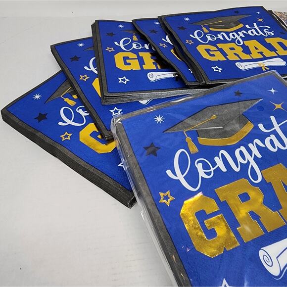 New Graduation Napkins & Large Platic Tablecloth 100 Napkins Blue Gold White - Picture 2 of 6
